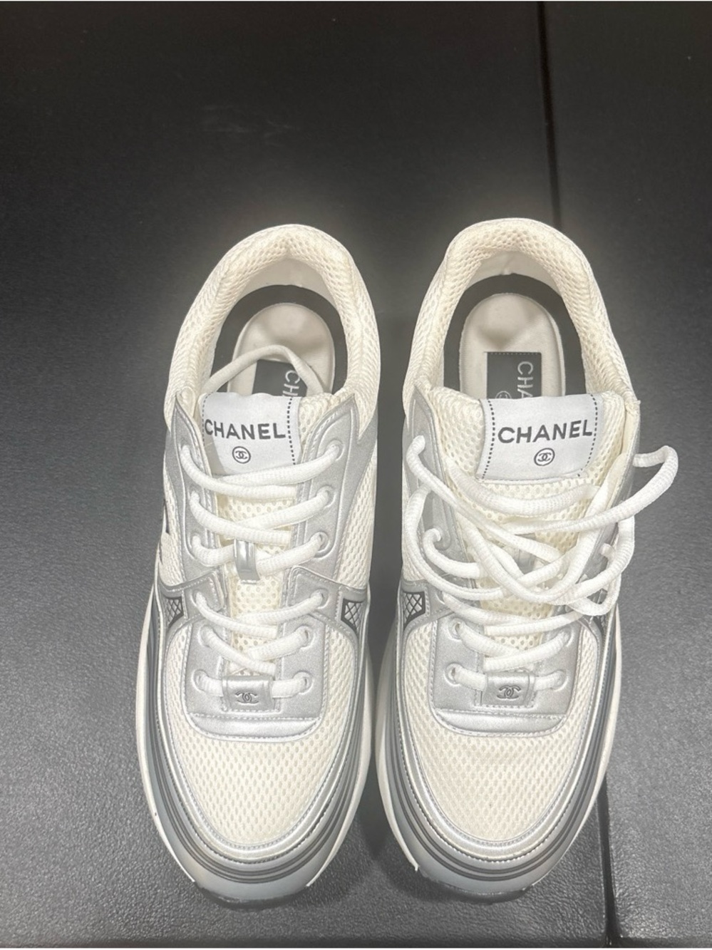 CHANEL White & Silver Women's Mesh Sneakers